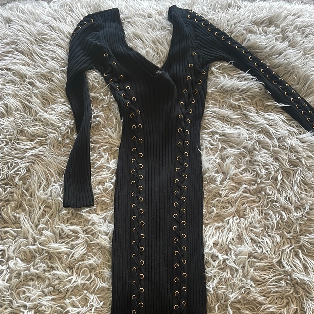 Fashion Nova Black Midi Dress with Gold Eyelets